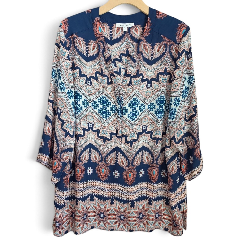 Rose & Olive Blouse Womens 2X Blue Paisley Split Neck Tunic Top 3/4 Sleeve